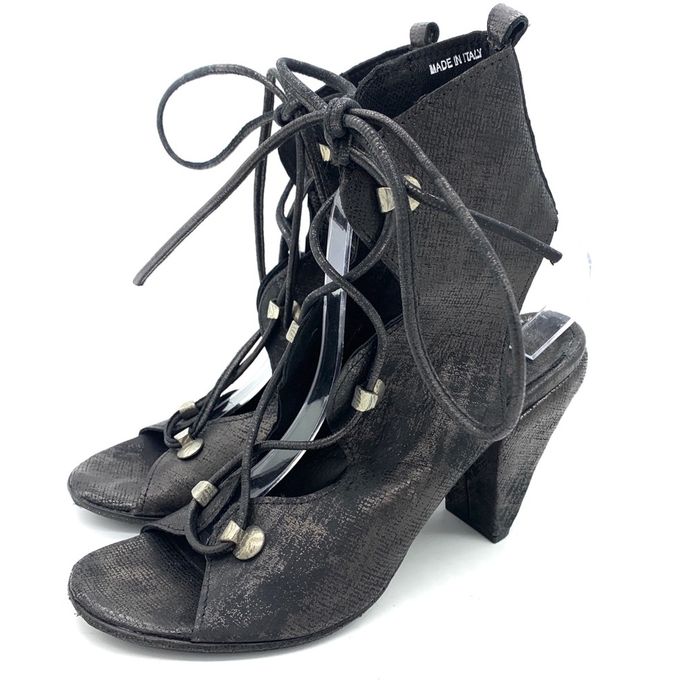 A.S.98 Black Silver Metallic Lace Heel Sandals